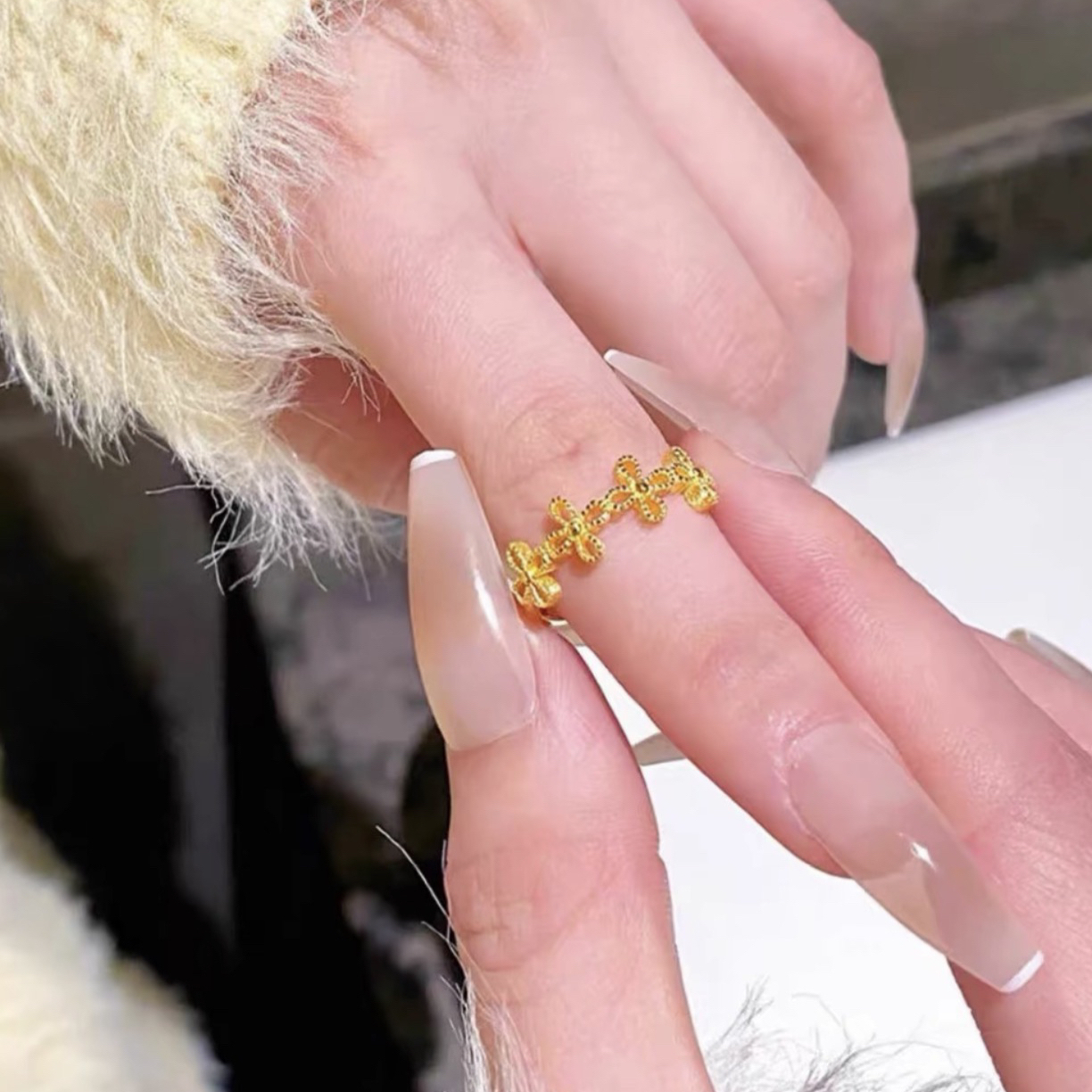 合金戒指 四叶车花闭口戒指