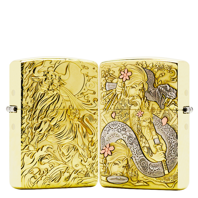 ZIPPO/之宝【3D浮雕牛背蛇女】黄铜盔甲正品煤油打火机KF-DF