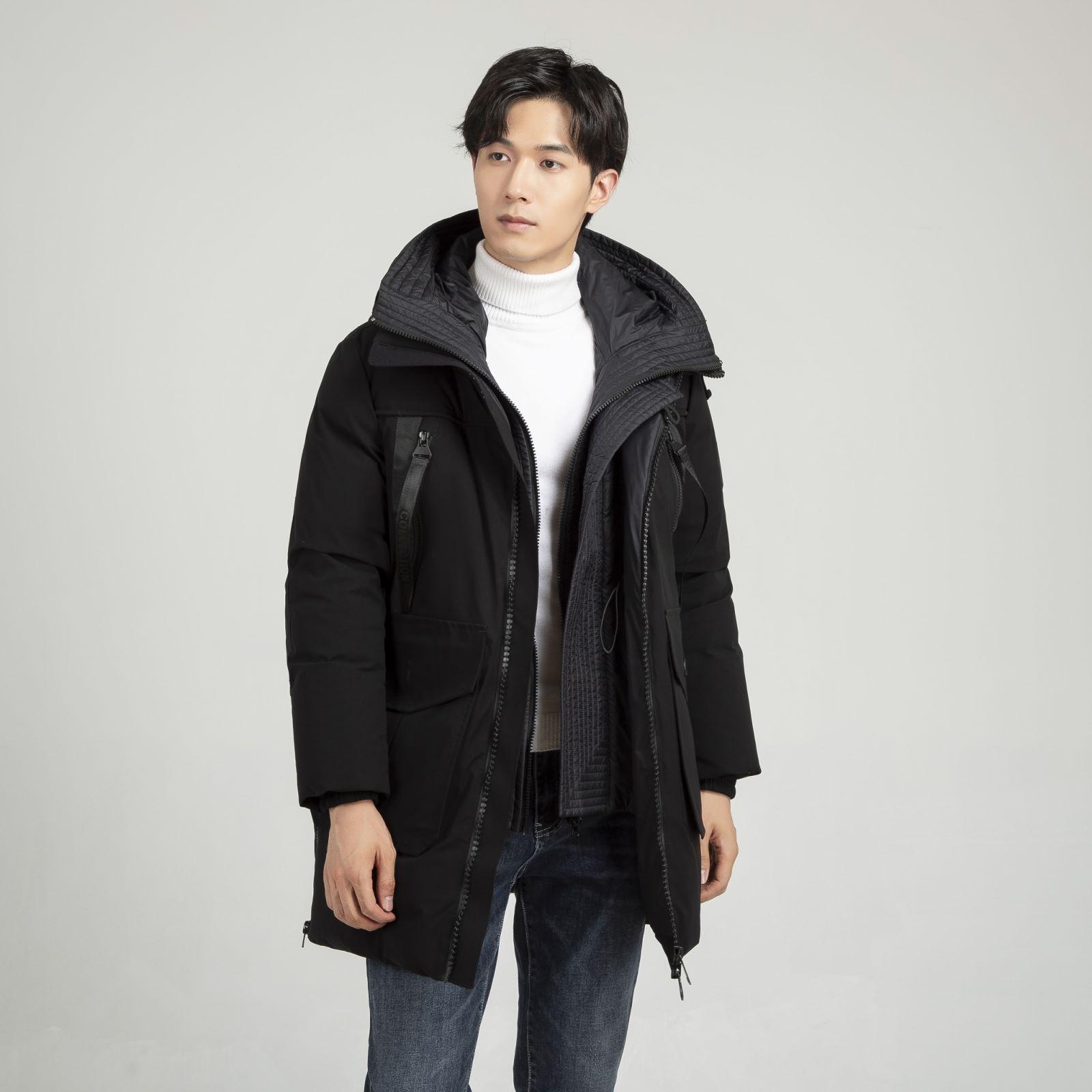 冬季男士羽绒服黑色长款防风时尚男士冬季防风鹅绒服连帽休闲外套