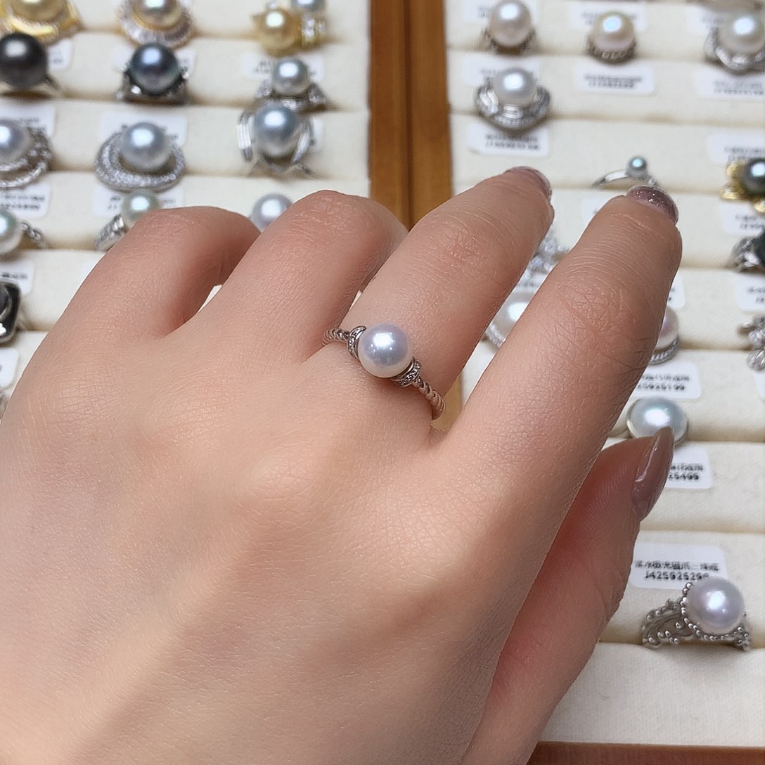 淡水珍珠戒指银S925镶嵌简约款戒指7-8mm