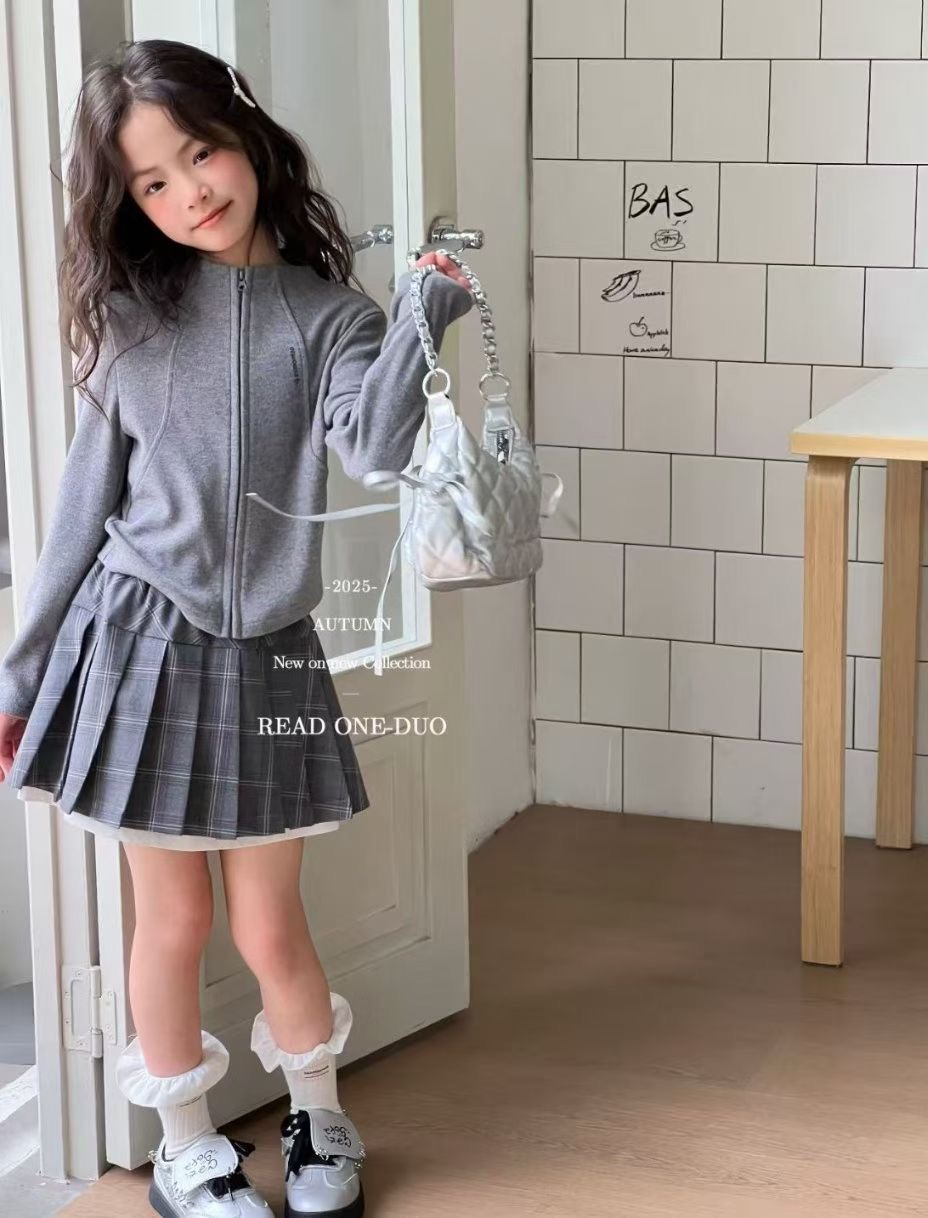 潮童开衫百褶裙套装女童洋气灰色韩版百搭时尚休闲