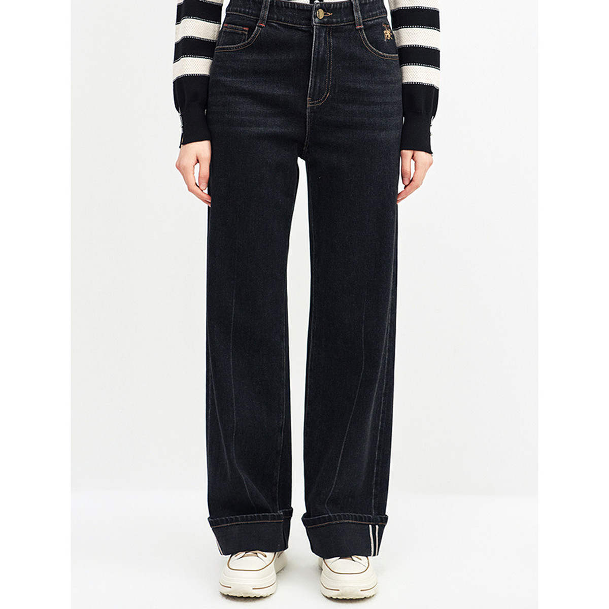 【KK专属】棉质简约通勤翻边牛仔裤百搭款阔腿长裤女