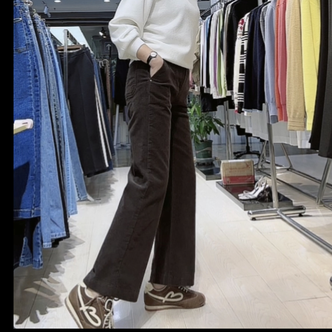 卡棕色条绒加绒微阔93cm码正高腰