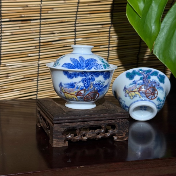 「静祎」手绘青花斗彩鬼谷子下山图盖碗压手杯主人杯高端茶具