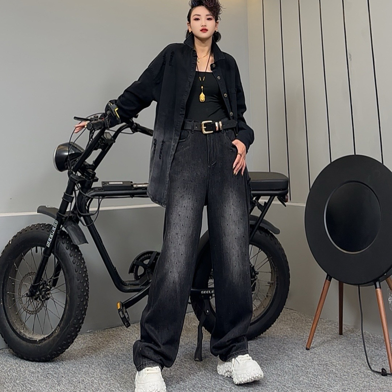 春季新款高街美式烫钻直筒满天星牛仔裤女新款宽松阔腿裤子-8360