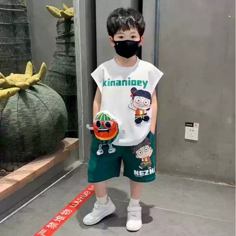 男童夏季卡通哪吒西瓜套装2025新款宝宝帅气两件套中小童帅气衣服