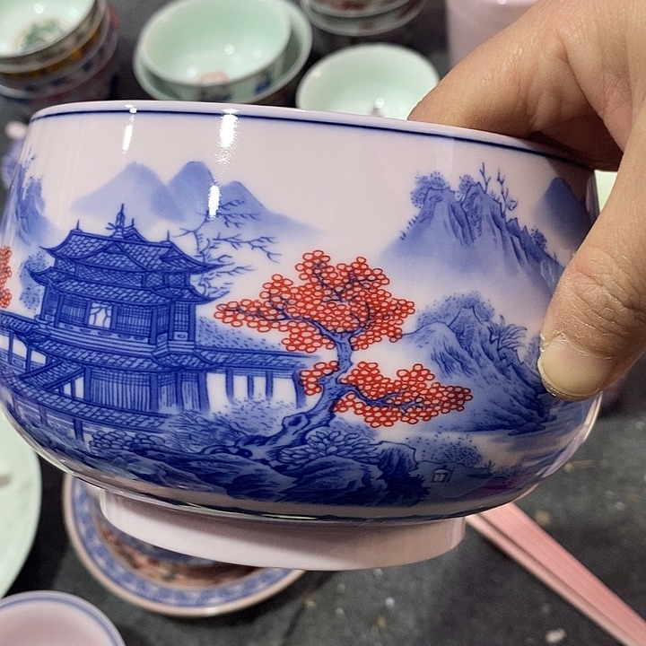 摆件陶红稀土山水釉里红水洗