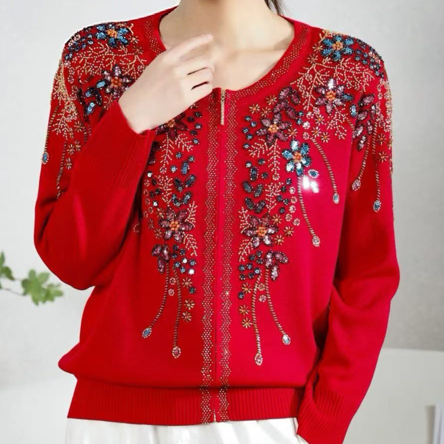 重工钉珠～（蓝色花朵）宽松显瘦中老年妈妈短款针织开衫外套