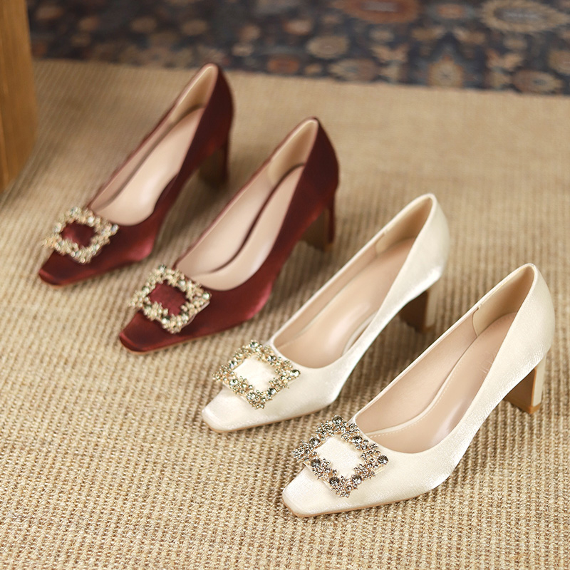 妮仕琪套筒方根高跟鞋春秋法式气质方扣粗跟轻职风尖头防滑888-6