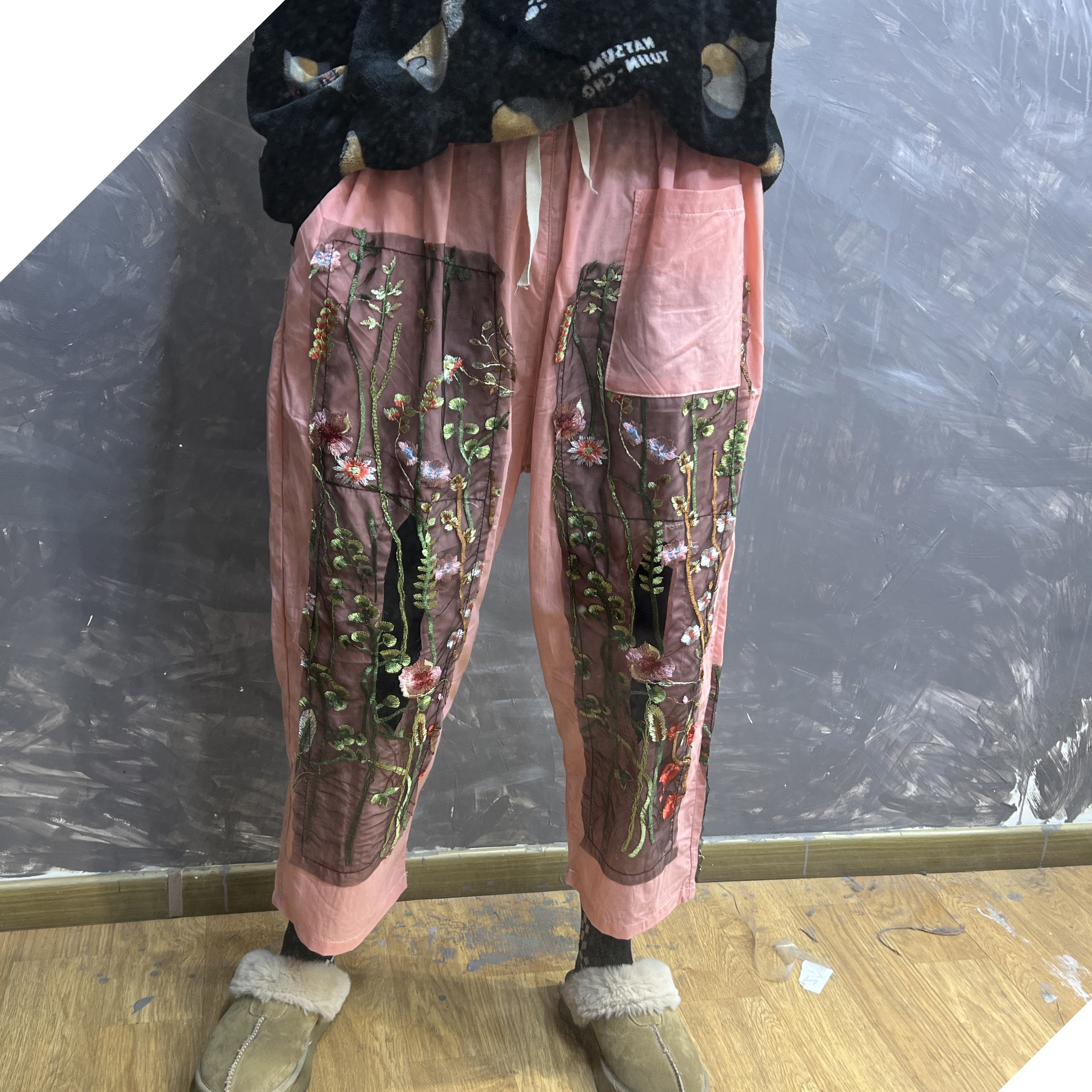 念北穿搭复古韩系蕾丝拼接慵懒风高腰显瘦垂感宽松阔腿休闲长裤K