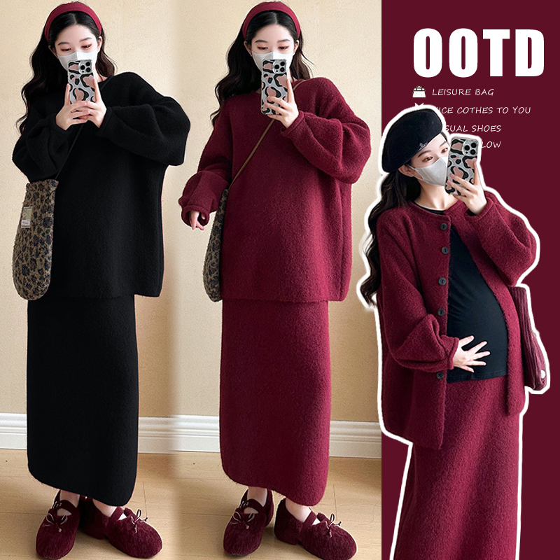 孕妇冬新年加厚慵懒风套装韩版宽松系扣毛衣+半身裙两件套