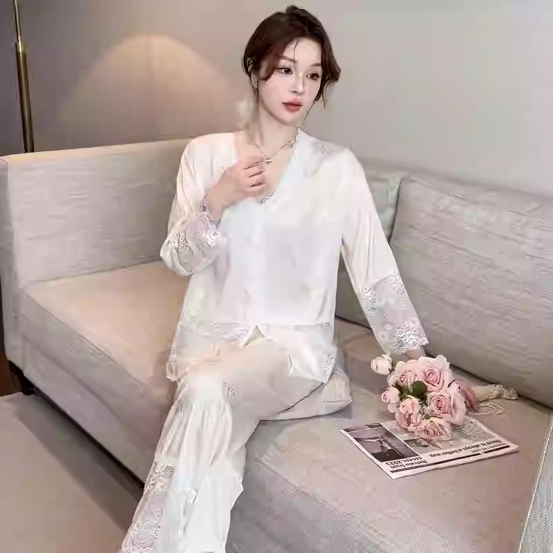 睡衣女春秋季冰丝长袖2025新款蕾丝性感夏天薄款家居服套装