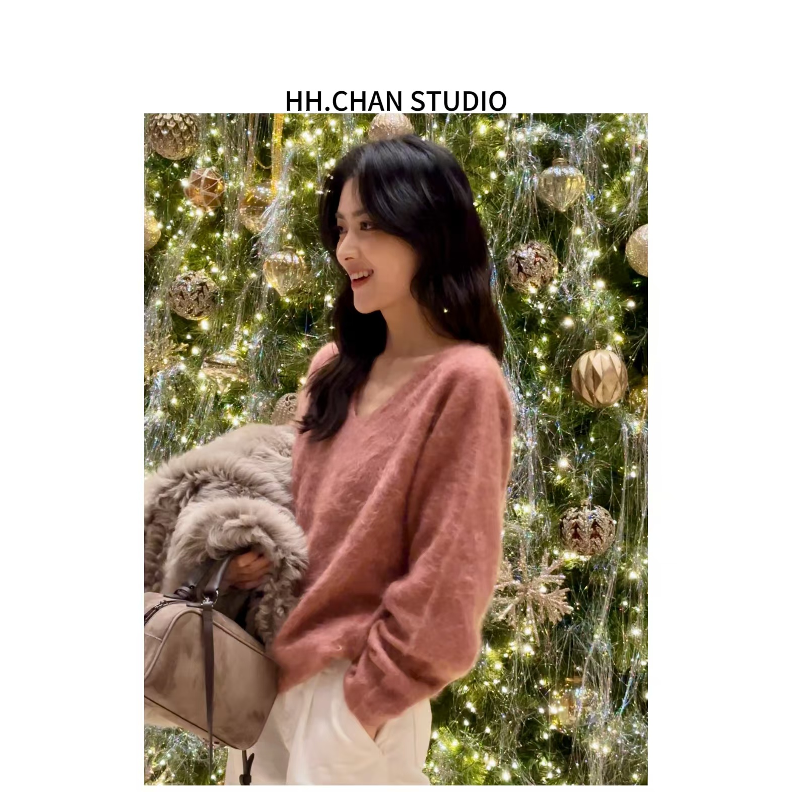 HH.CHAN“小资莓粉”100%高品质山羊绒莓粉色V领山羊绒针织衫