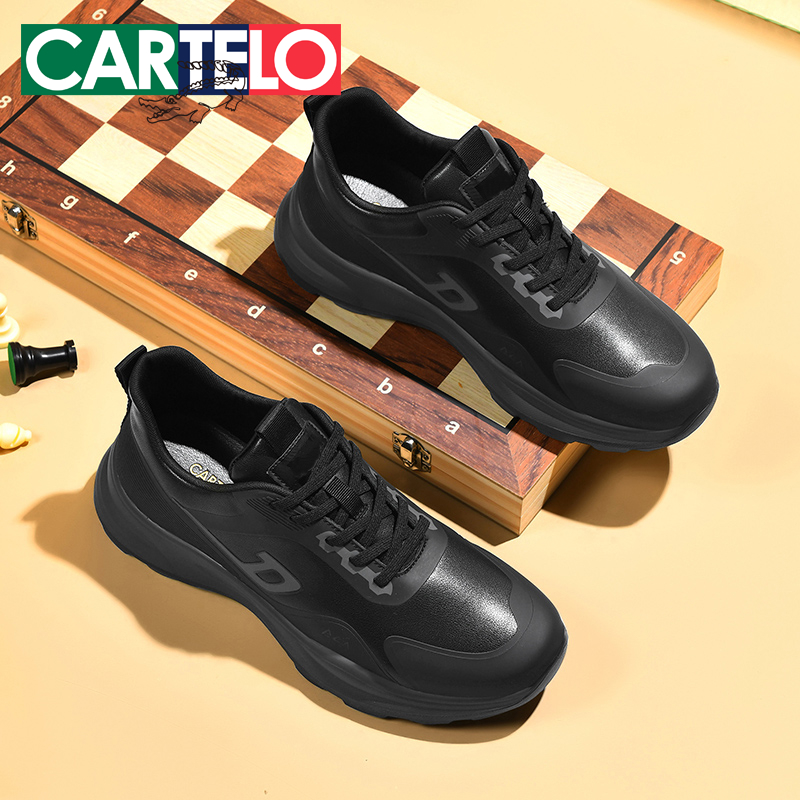 卡帝乐鳄鱼秋冬季运动户外鞋男百搭时尚黑色轻便舒适男士休闲皮鞋