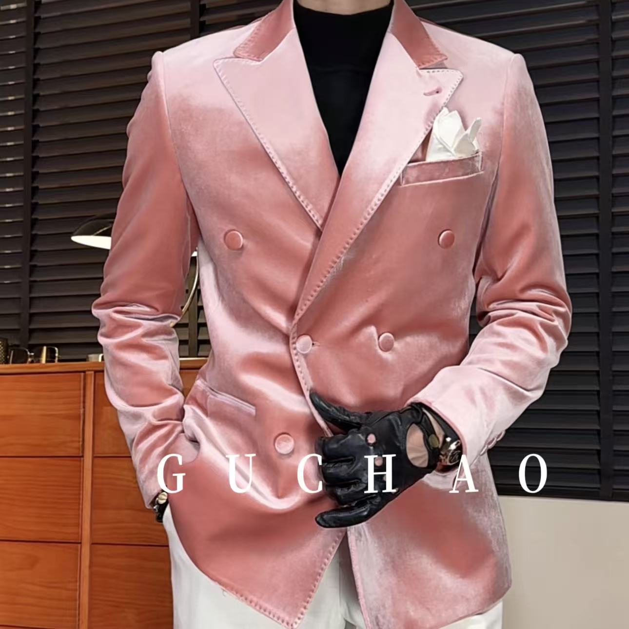 【Gc-古潮】--秋冬季-意式轻奢男士戗驳领丝绒高级感修身西装-单西