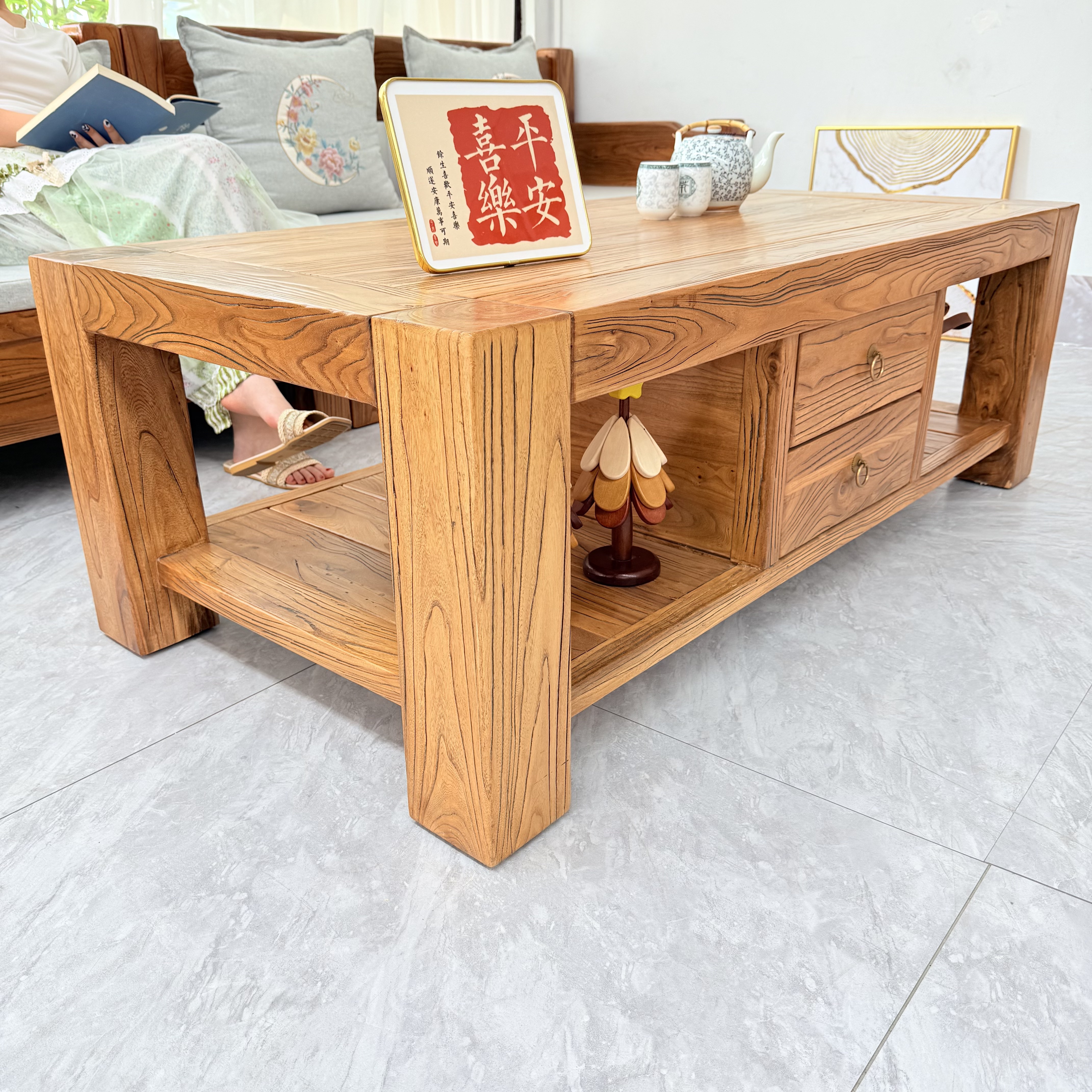 老梁故事新中式实木茶几桌子老榆木简约家用客厅茶桌大料四抽茶几