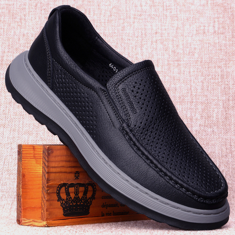 皮鞋男夏季真皮透气商务百搭男士一脚蹬厚底镂空休闲皮凉鞋轻便