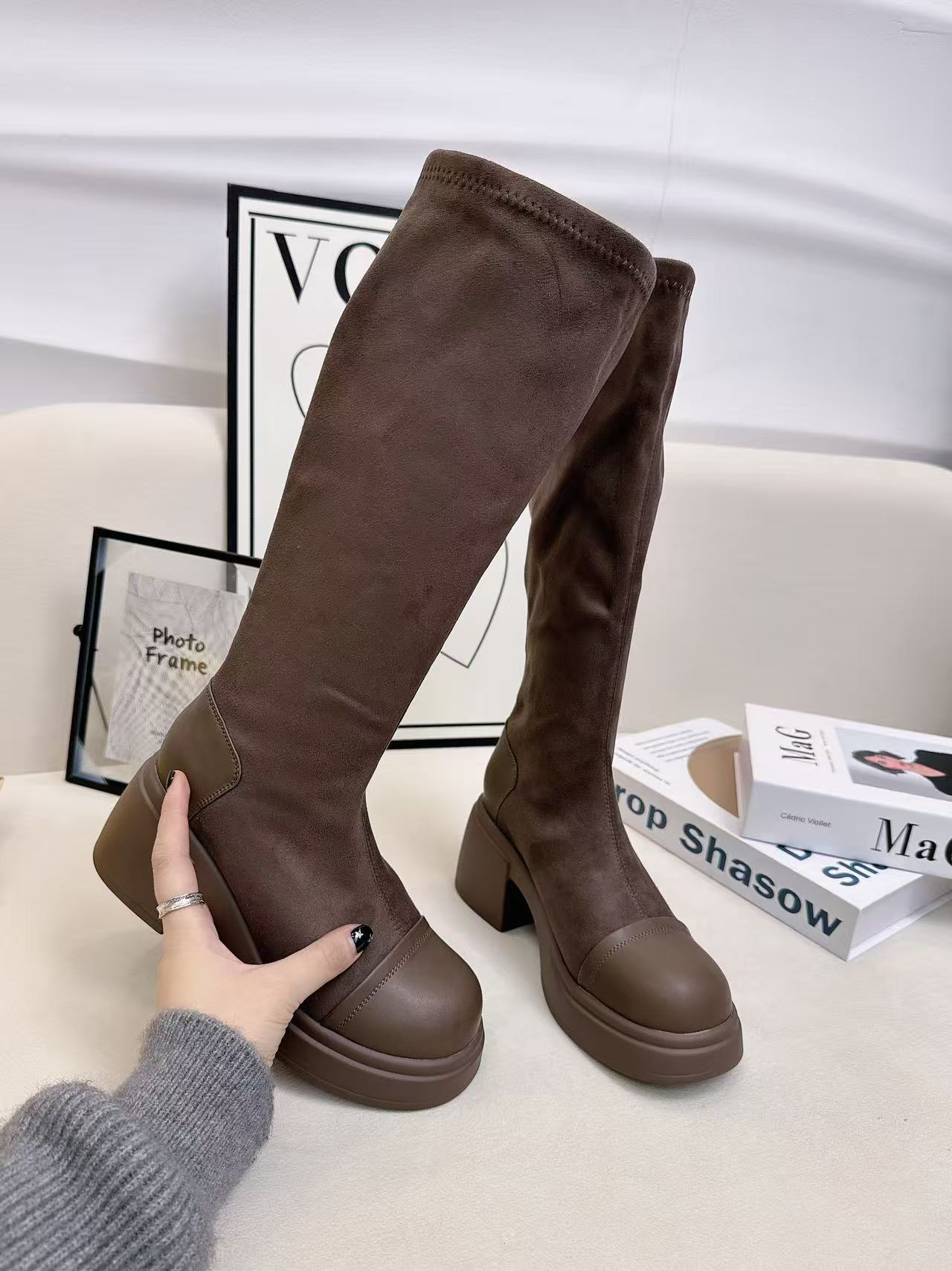 w31213厚底高筒长靴女粗跟瘦瘦靴秋冬不过膝骑士靴 加绒