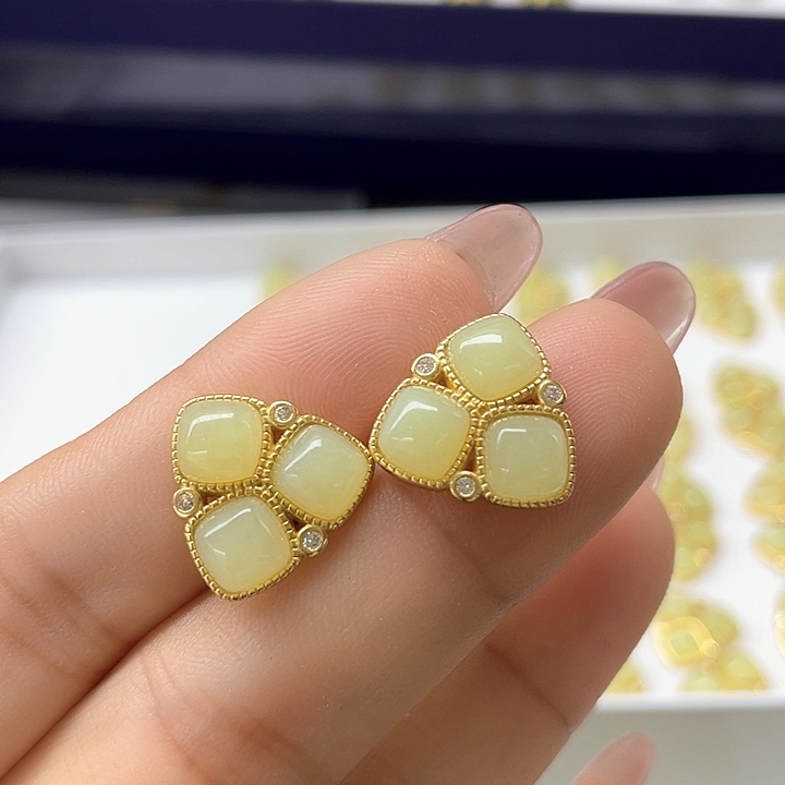 和田玉耳饰银S925镶嵌