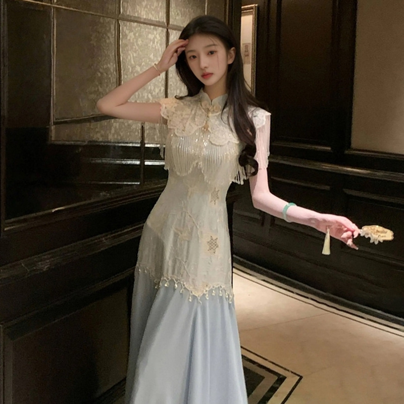 新中式国风夏季改良旗袍连衣裙年轻气质日常刺绣修身蕾丝鱼尾长裙