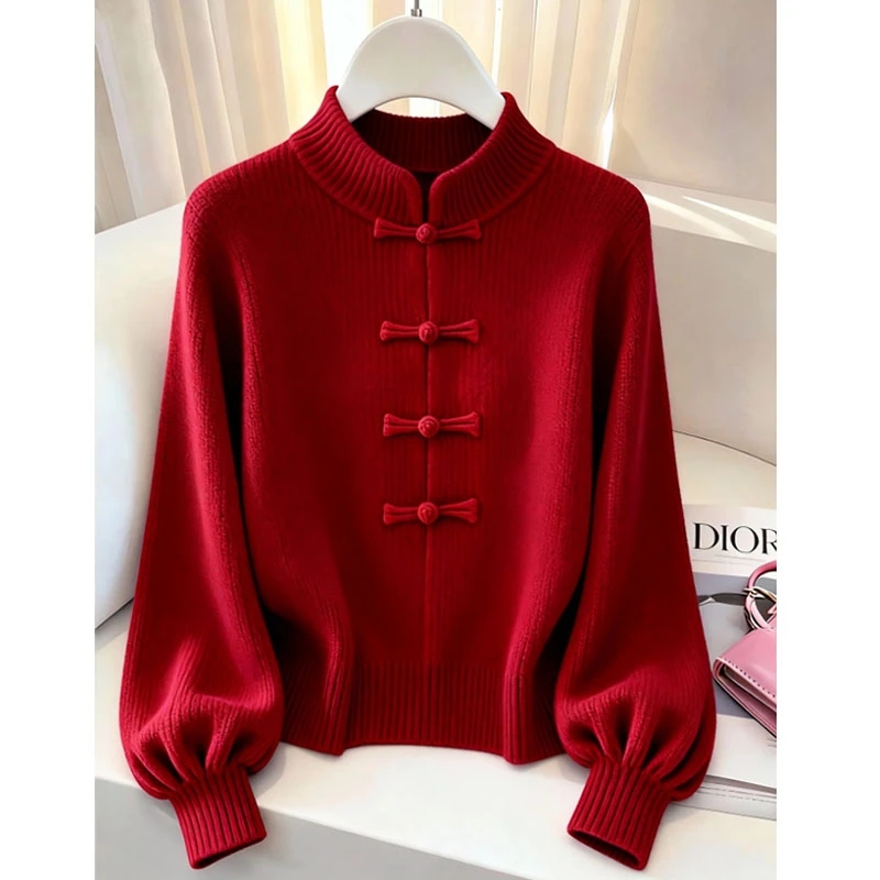 香朵儿【跨年】新中式红色立领盘扣粗线毛衣2026秋季灯笼袖针织衫