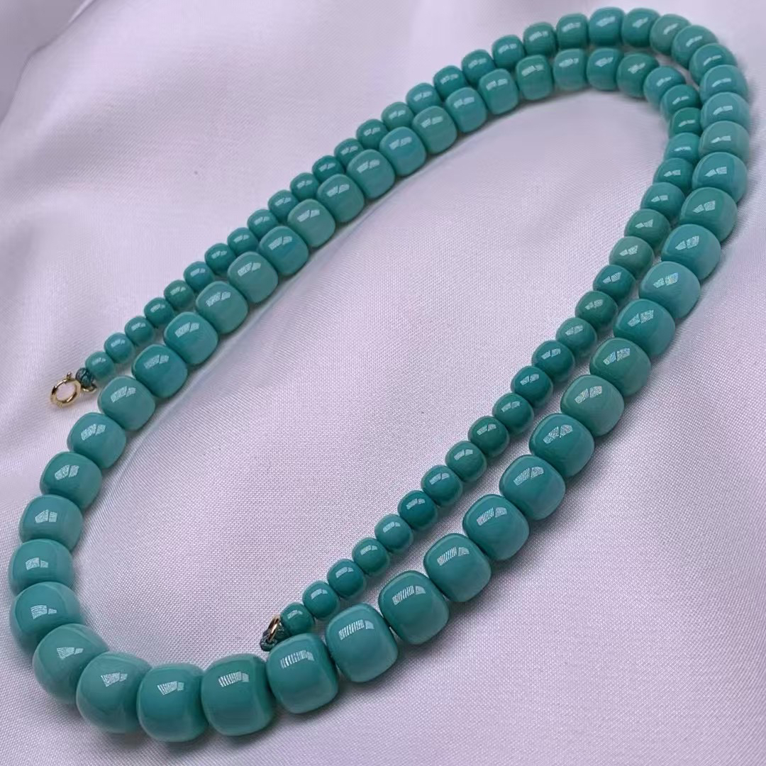湖北天然原矿绿松石高瓷精品老型项链塔链佛珠瓷釉级料润干净无瑕