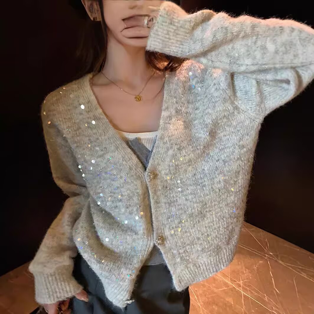 春上新 针织女百搭V领开衫毛衣2025短款减龄时尚亮闪闪上衣多巴胺