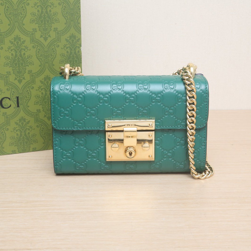 95新 GUCCI/古驰 斜跨包 20.5 压纹 绿色 皮革C 金扣 P205843571