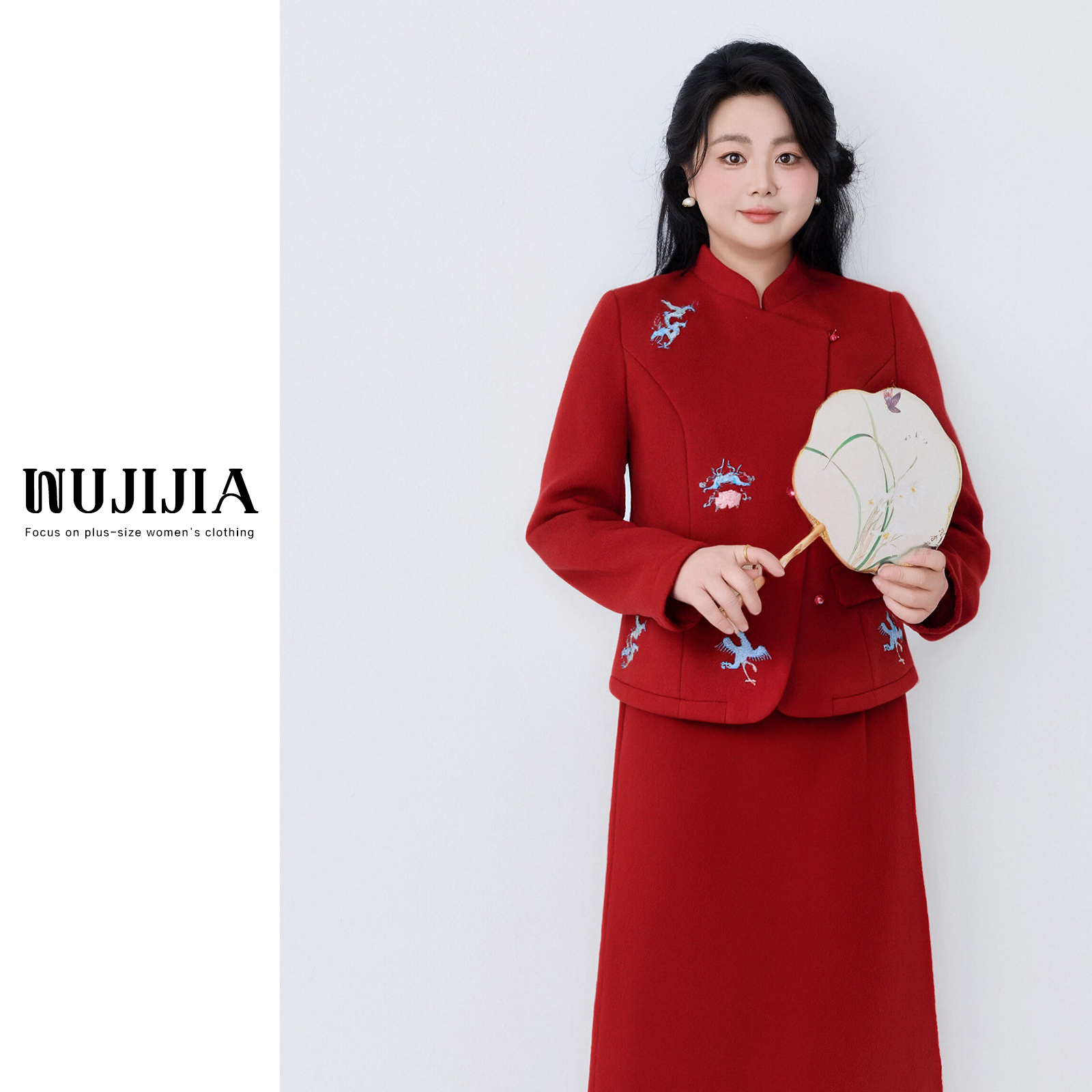 麦麦-*五季家新中式冬装刺绣红色羽绒上衣国风+红色半裙ZL113364