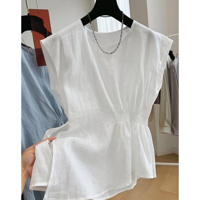 P0269高端苎麻别致设计感圆领外穿马甲小背心女夏季无袖小衫上衣