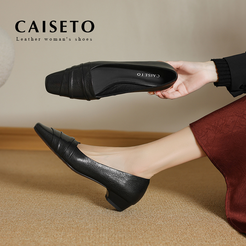CAISETO/羊皮/2.5cm新款方头褶皱低跟真皮单鞋软底百搭女鞋24D837