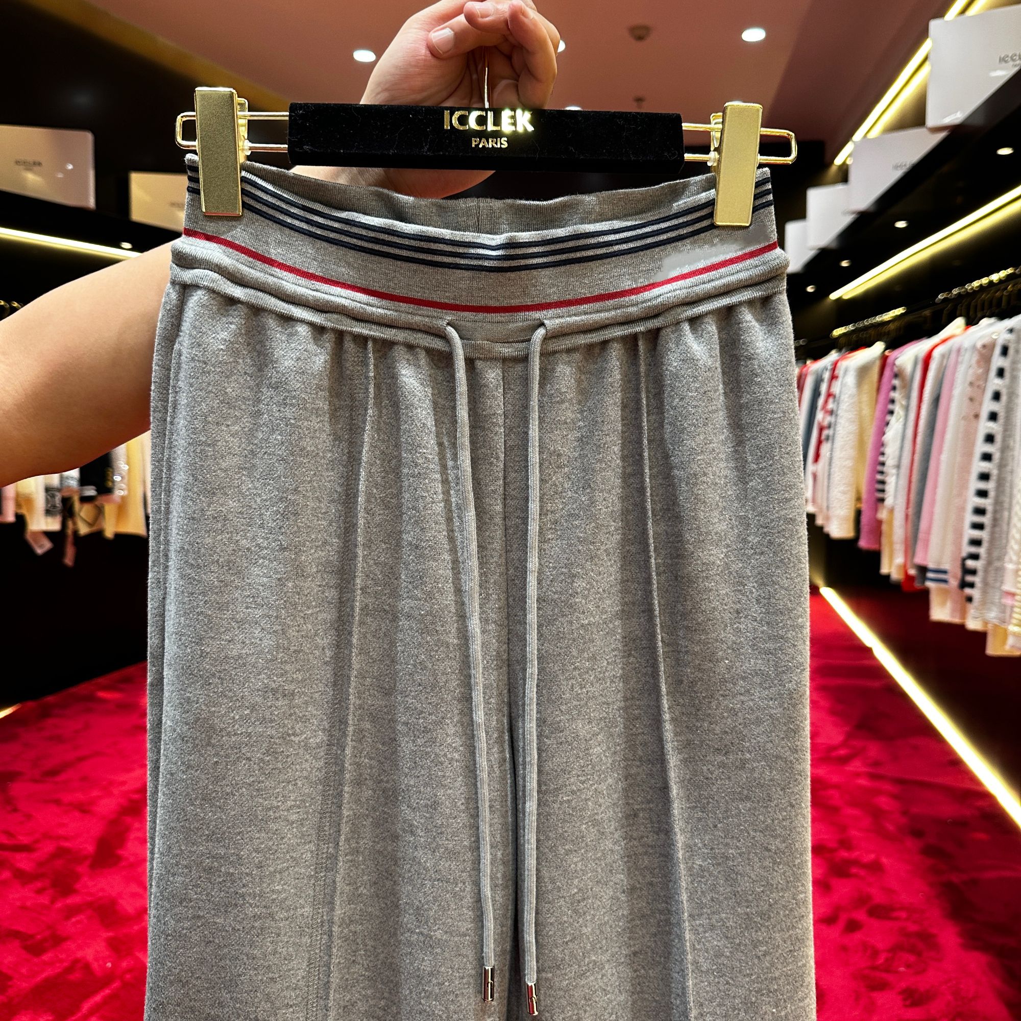 ICCLEK 白色-灰色 裤头条纹松弛感垂感休闲感阔腿裤女 -1609