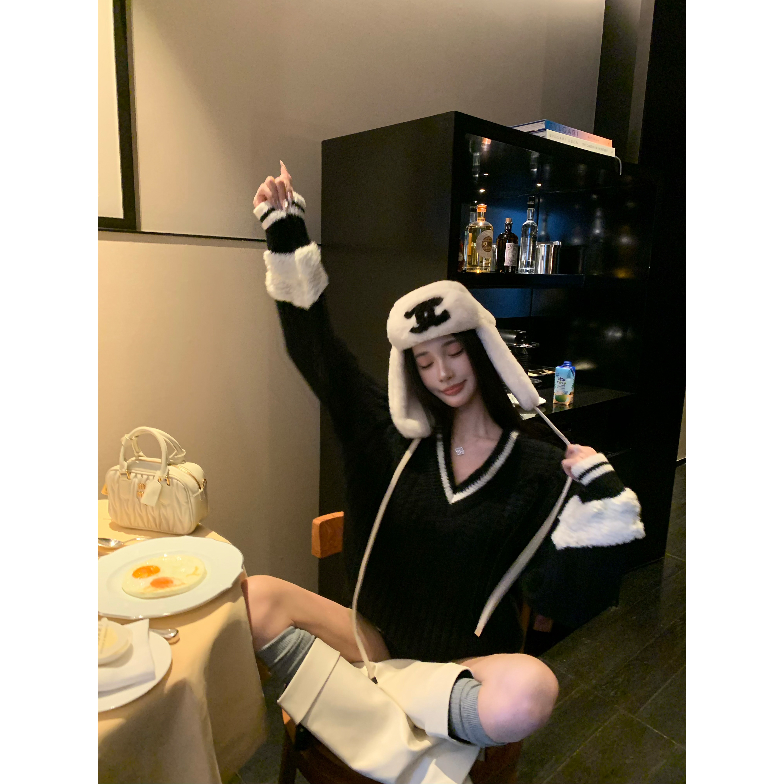 BarbChill【首尔艺术生】深灰色毛呢竖条纹半裙女冬假两件高腰裙