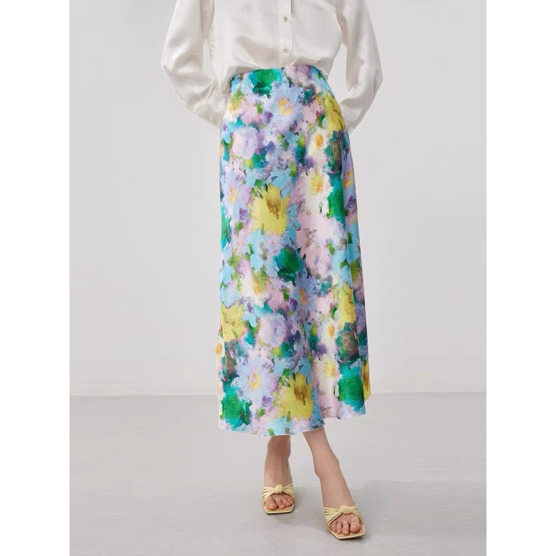 高腰半身裙女2025春季新款醋酸丝滑垂坠油画风时尚气质a字裙