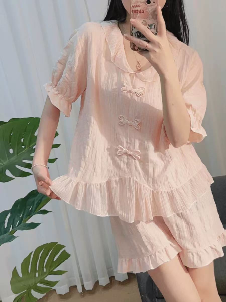 新款国风盘扣新中式带胸垫三件套睡衣家居服夏季短袖轻薄透气宽松