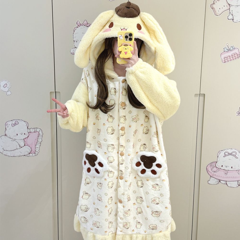 秋冬款女士可爱印花布丁狗连帽荷叶边睡袍珊瑚绒加厚保暖居家套装