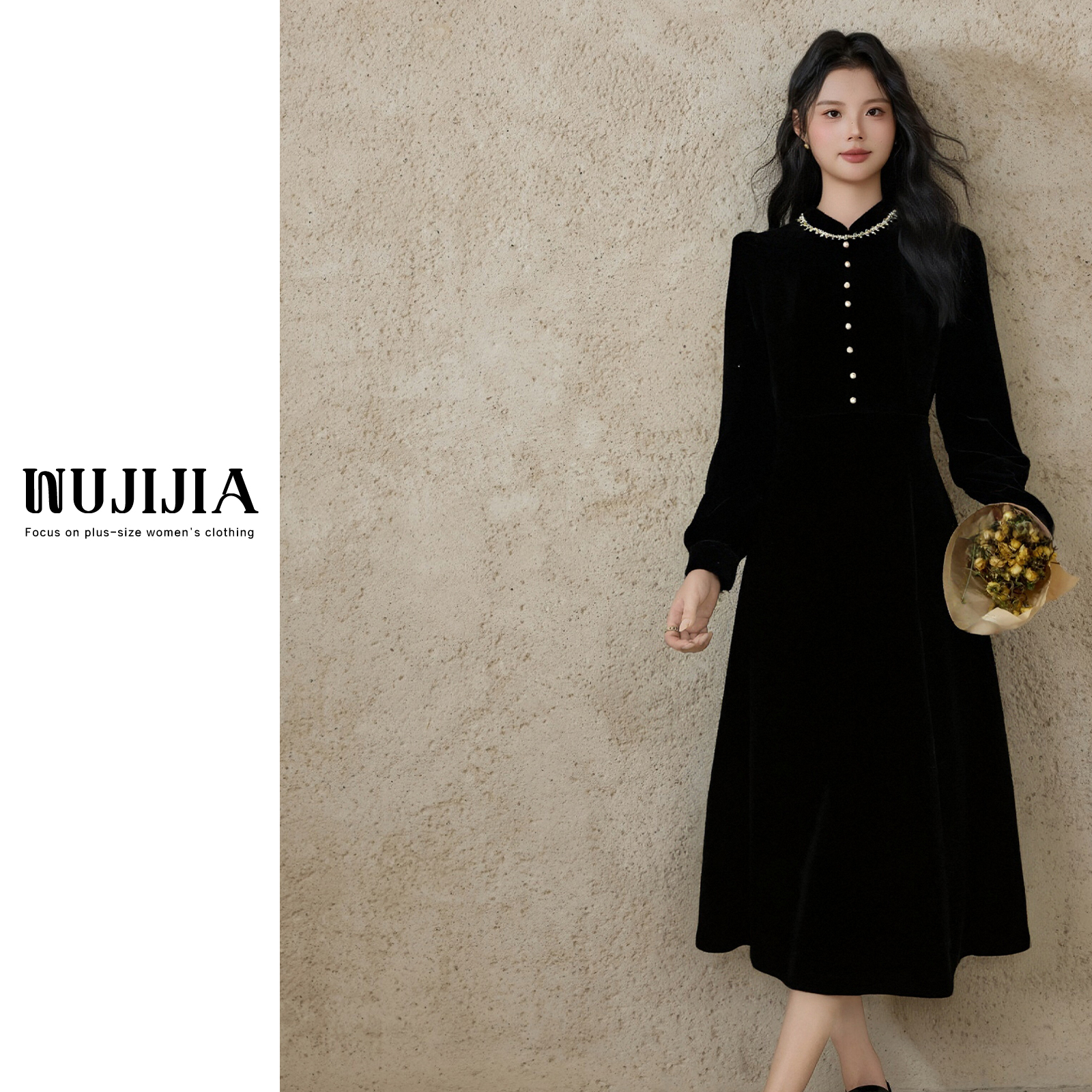 【五季家大码】冬季显瘦赫本风立领黑色连衣裙ZL114307