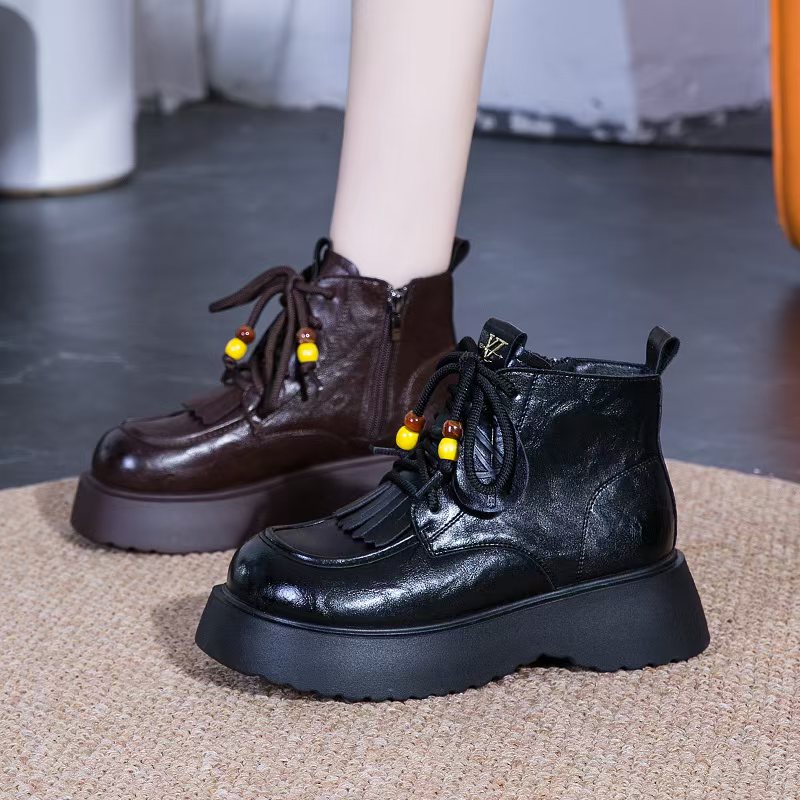 M6098大码女鞋短靴2025冬季加绒40-43百搭时尚踝靴圆头英伦风女靴