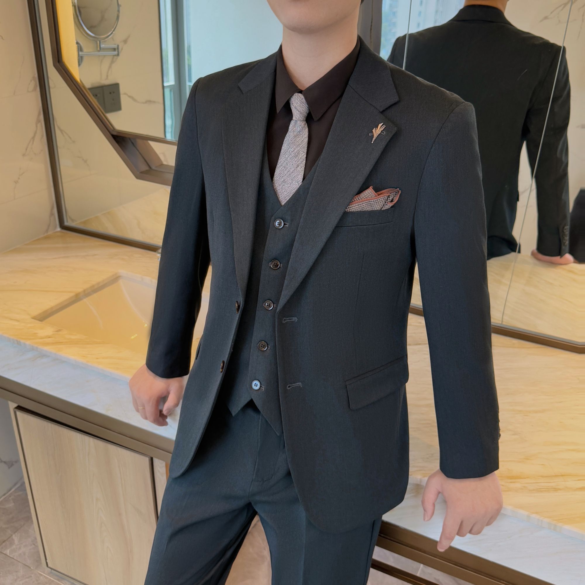 春秋绵羊毛西服套装男士韩版百搭修身小西装休闲商务两粒扣外套潮