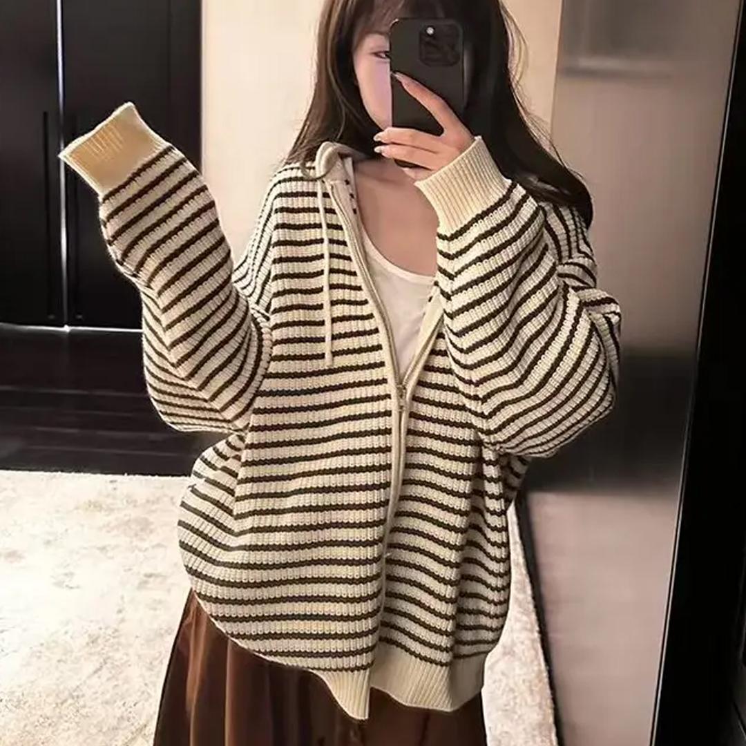 抽绳连帽条纹针织开衫女秋季韩版宽松高克重加厚毛衣外套女