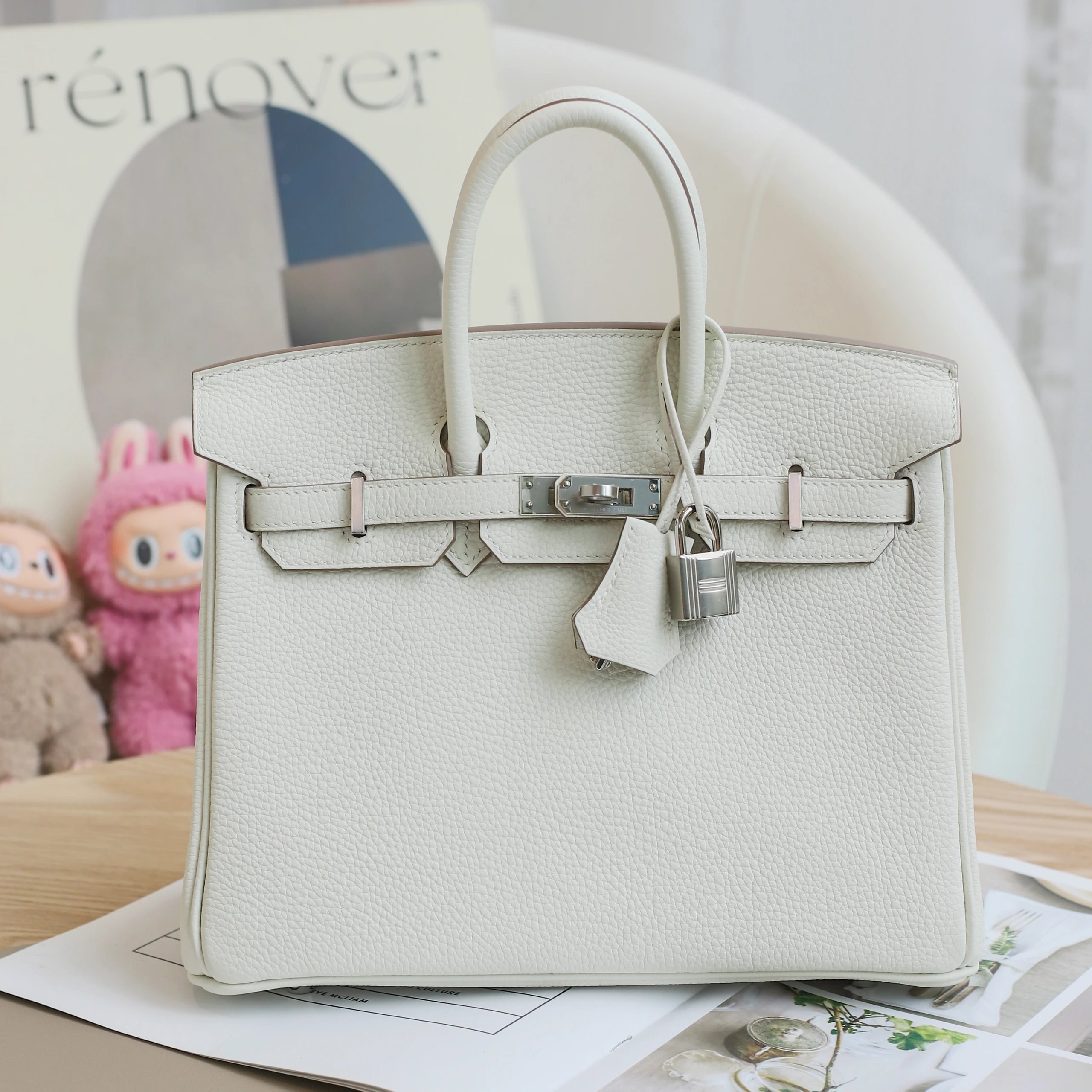 未使用 Hermes/爱马仕 Birkin25 B刻 TOGO皮 蘑菇白 银扣