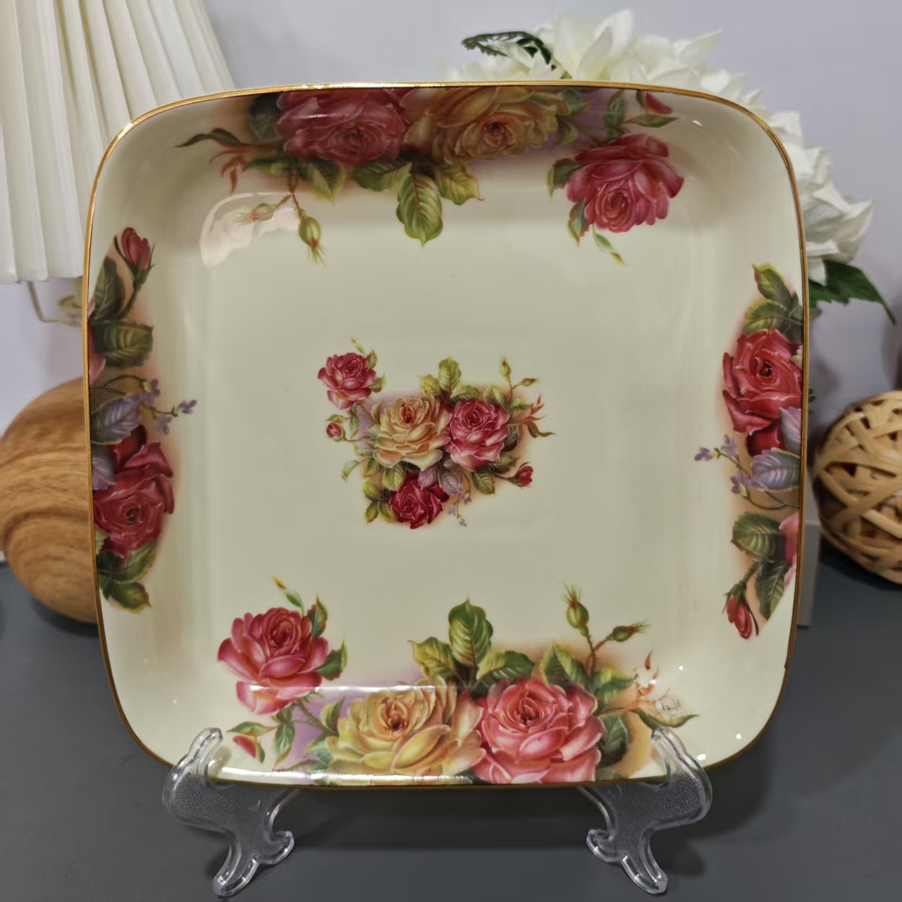 欧式高档老镇玫瑰四方形深盘