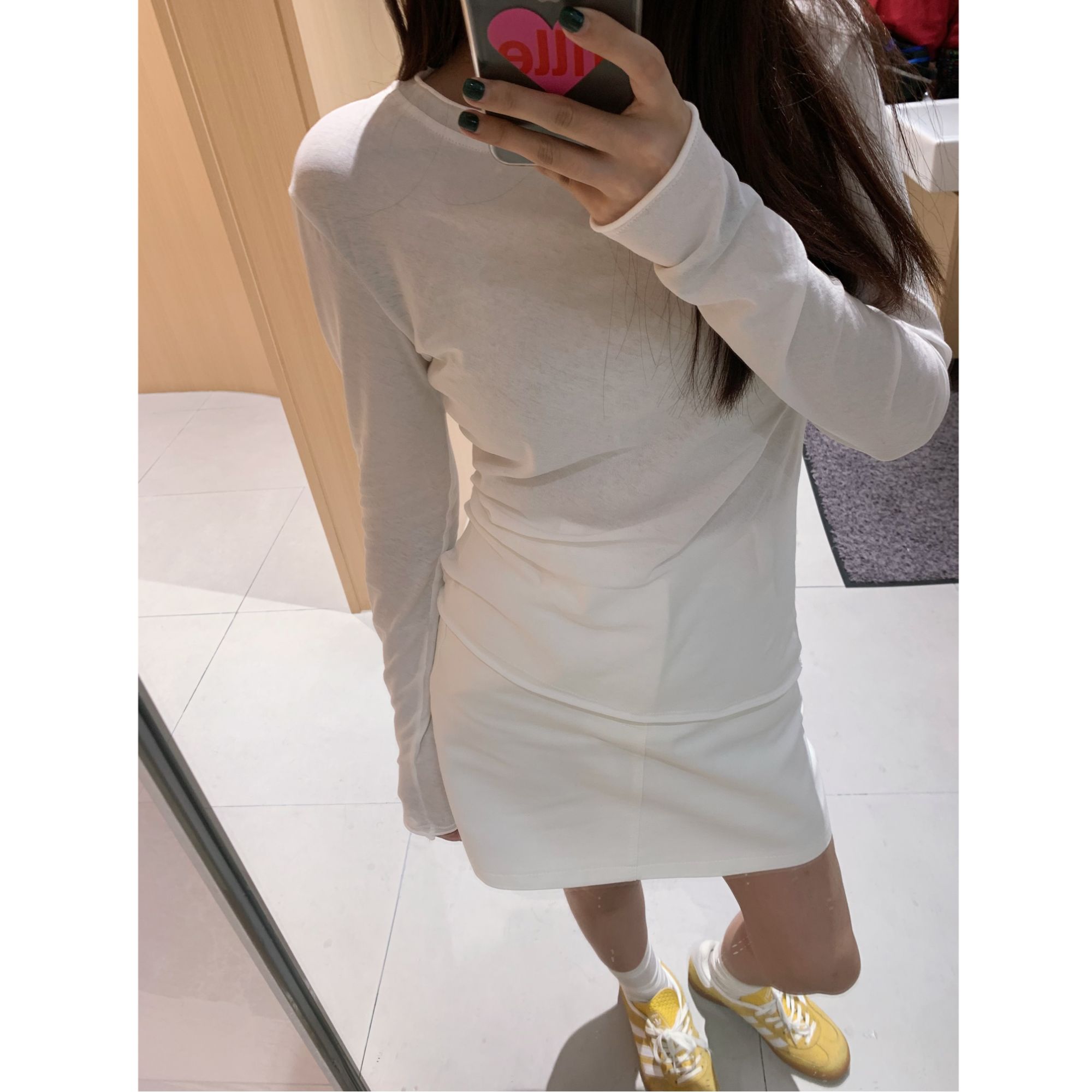 【OneMinute】白色微修身全棉长袖防晒打底t