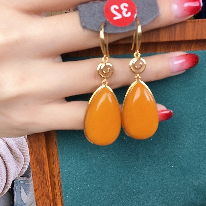 蜜蜡耳饰银S925镶嵌耳吊