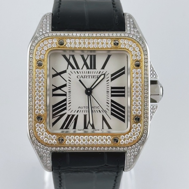 95新 Cartier/卡地亚 山度士/51x41大号/后镶钻/自动机械男表