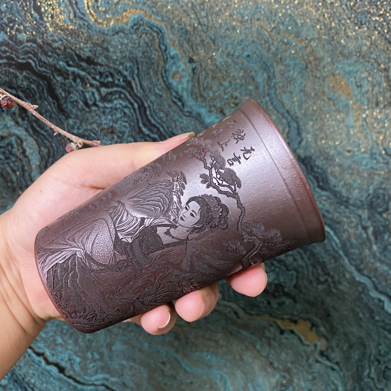 宜兴原矿紫砂杯刻绘美人美女主人杯铁血红砂大容量可乐杯暖手杯