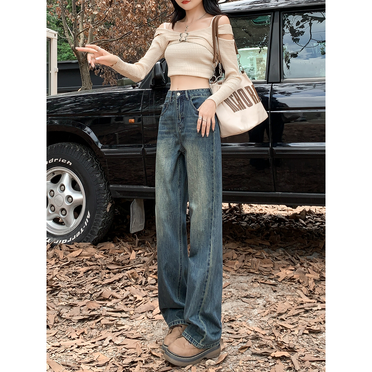 默认瑕疵加绒牛仔裤女百搭复古宽松高腰拖地裤设计感冬季显瘦垂感