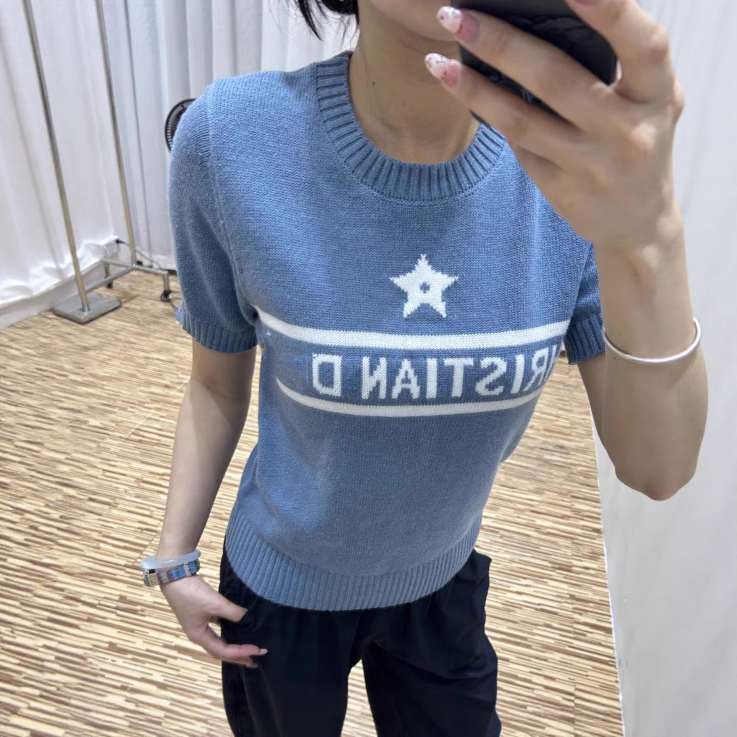 南油高品质经典五角星字母提花圆领套头针织短袖上衣25春夏新款