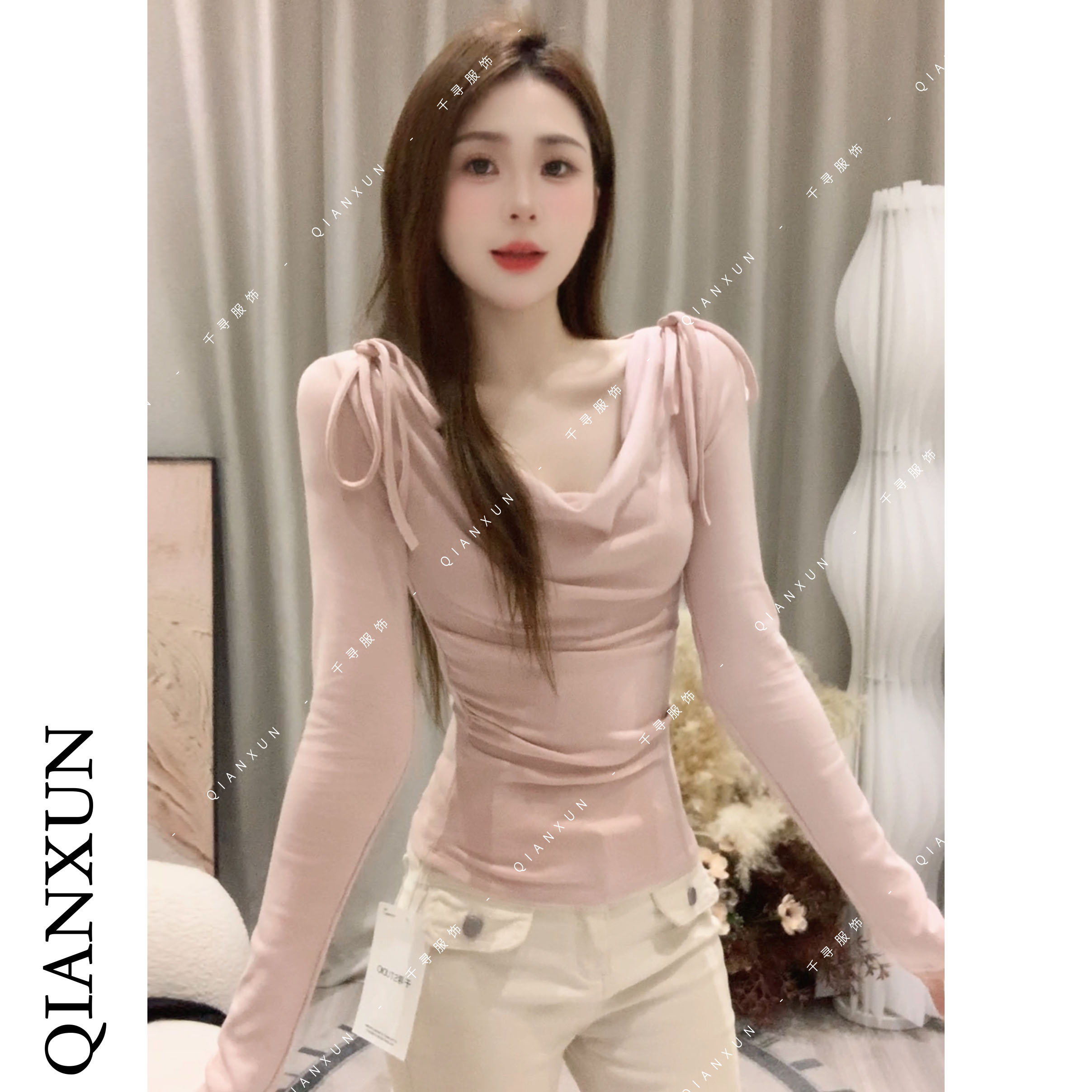 千寻家 纯欲高级感荡领蝴蝶结绑带长袖t恤女早秋褶皱收腰上衣508