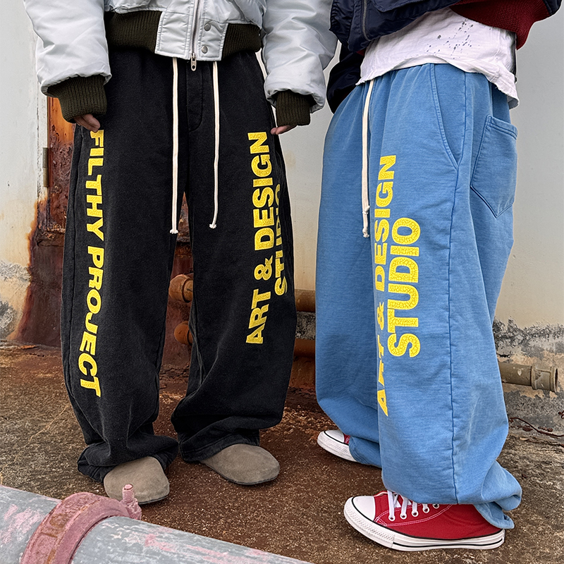 白鹤大人460g重磅纯棉字母裂纹印花宽松休闲裤男阔腿百搭直筒卫裤